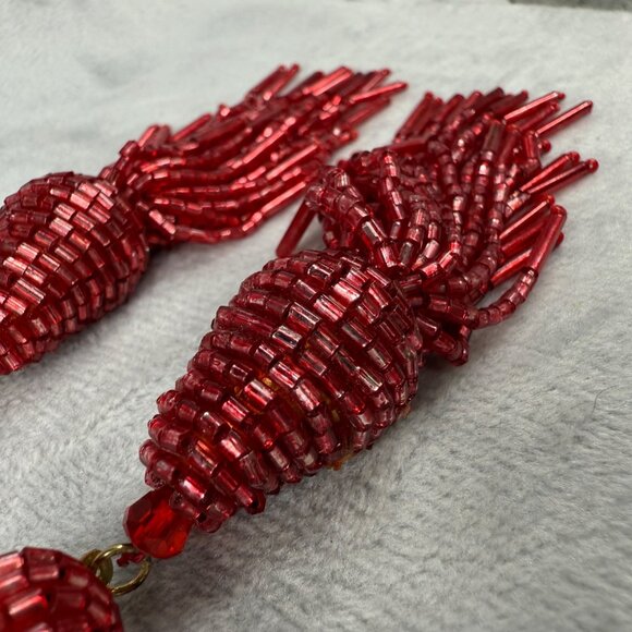 Beaded Red Tassel Pierced Earrings Statement Jewelry Gold Tone Back Vibrant Boho - Picture 12 of 16